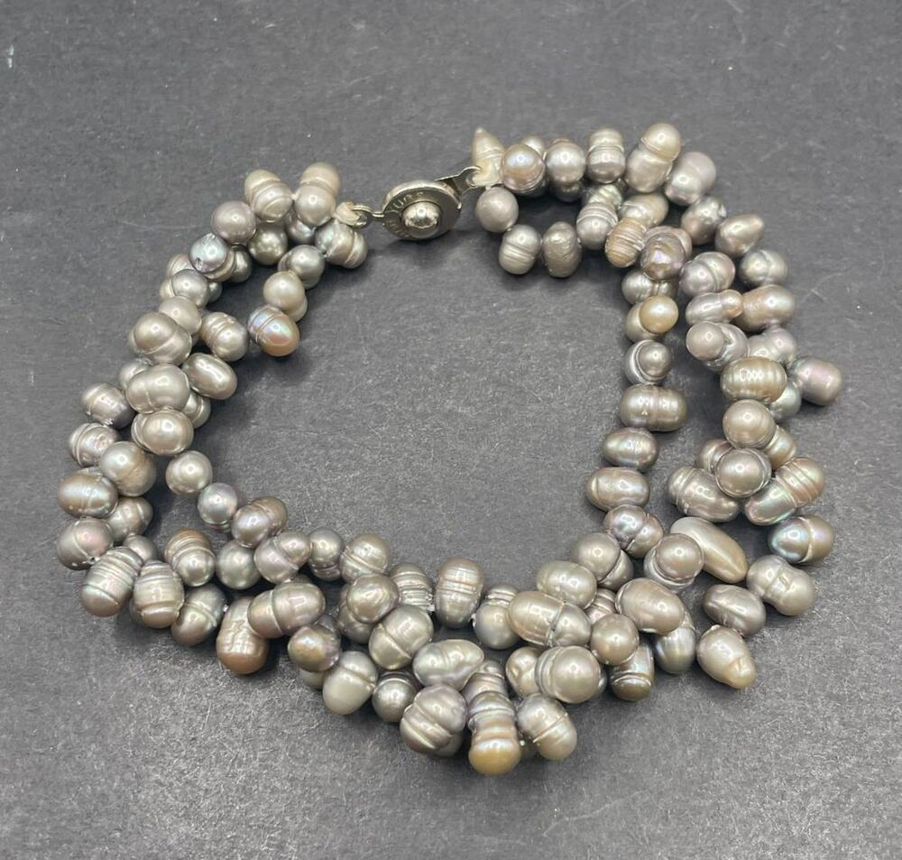 Grey Cultured Freshwater Pearl Multi Strand Bracelet Silver Clasp Iridescent
